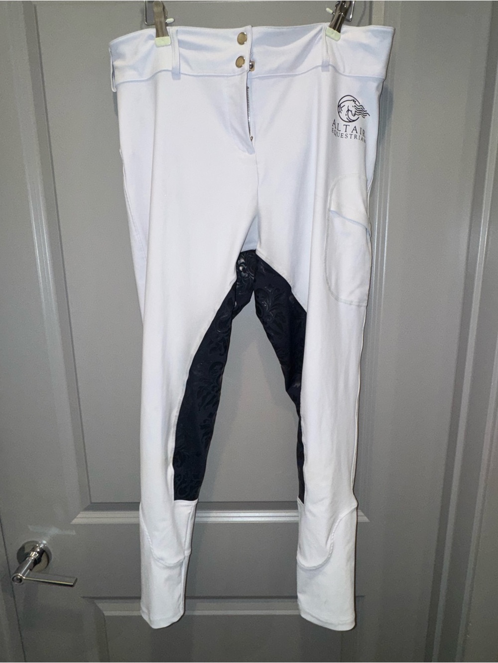 Women’s white and navy full seat show breeches equestrian